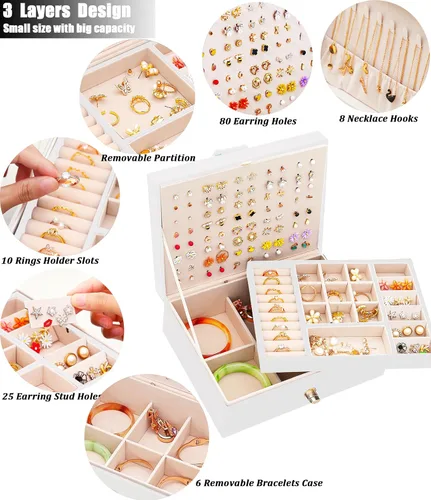Miniatura 12 de Joyero de pendientes para mujeres y niñas, organizador de aretes de 5 capas, caja organizadora de joyas blanca con candado, collares y aretes