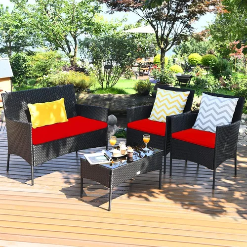 Miniatura 10 de Tangkula Juego de muebles de patio de 4 piezas, juego de conversación de mimbre para exteriores con mesa de centro de vidrio templado, sofá biplaza