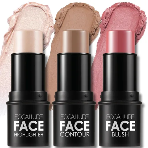 Miniatura 7 de FOCALLURE 3 barras de contorno en crema, tonos con iluminador y bronceador y rubor, lápiz de contorno facial de larga duración no graso, fácil