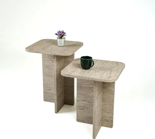 Miniatura 10 de Travertine Efect - Juego de 2 mesas auxiliares modernas, mesa auxiliar pequeña para sala de estar