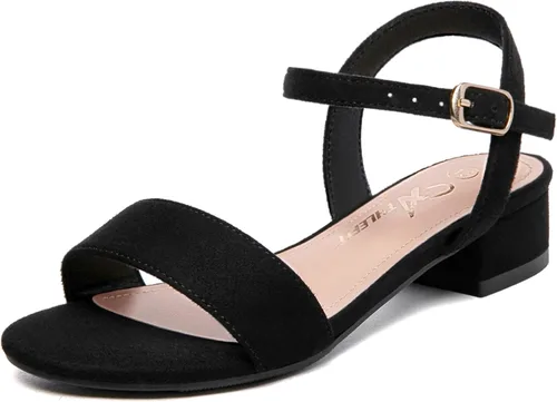 Miniatura 18 de Athlefit Sandalias para niñas, puntera abierta, correa en el tobillo, tacones bajos, zapatos de vestir para niñas pequeñas y grandes