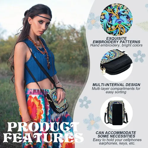 Miniatura 4 de 3 unids mujeres vintage bordado étnico hecho a mano mochila flor Crossbody bolsa Hmong mochila bolso mexicano, Azul series, Serie Azul