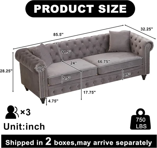 Miniatura 2 de Sofá Chesterfield de terciopelo grande de 85.5 pulgadas, sofá moderno de 3 plazas con brazos enrollados con diseño de botón y 2 cojines para sala