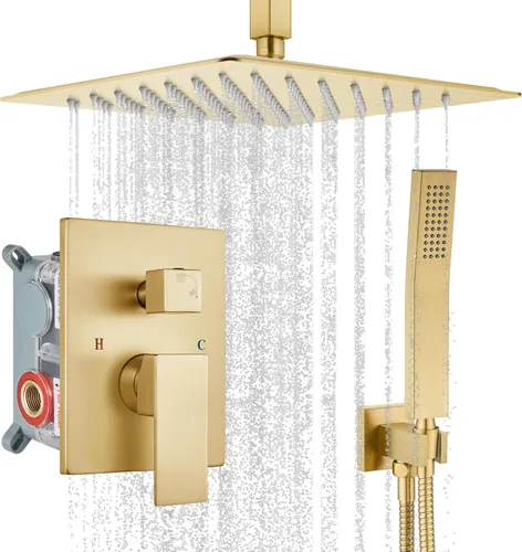gotonovo Sistema de ducha de montaje en techo, juego de grifo de ducha de baño, cabezal de ducha de lluvia con rociador de mano, kit de molduras de