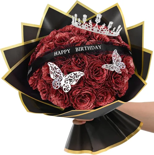 Miniatura 12 de Waipfaru Ramo de rosas con purpurina, regalos de cumpleaños para mujeres y madres, ramo de flores falsas con letreros de cumpleaños, 36 rosas negras
