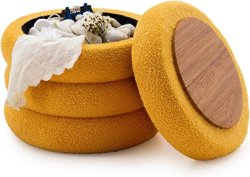 Miniatura 10 de Wimarsbon Otomana redonda de almacenamiento, moderno reposapiés de sherpa, taburete de tocador de peluche con bandeja abatible, silla de maquillaje
