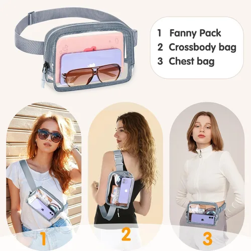 Miniatura 5 de Riñonera transparente aprobada para estadios, bolsa de cinturón transparente, cangurera transparente para mujeres y hombres con correa ajustable