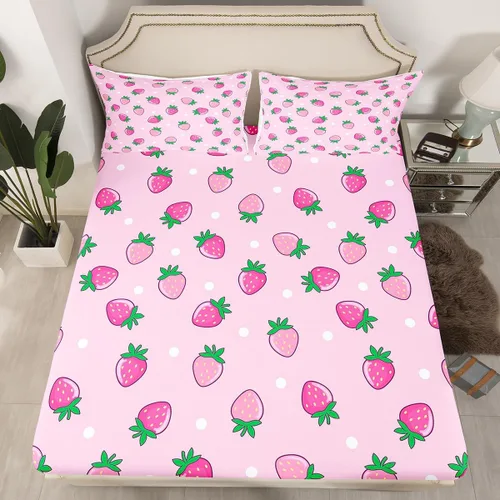 Miniatura 2 de Erosebridal Juego de sábanas de fresa, tamaño individual, diseño de fresa rosa para niñas y niños, sábana bajera ajustable de frutas tropicales