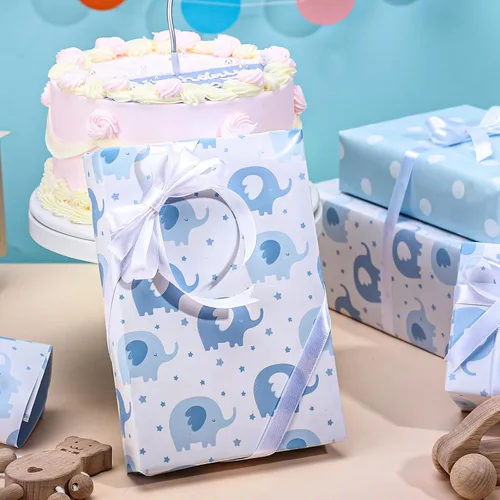 Miniatura 4 de woric Rollo de papel de regalo reversible para baby shower, de 17 pulgadas x 33 pies, papel de regalo para bebé niño con diseño de elefante azul