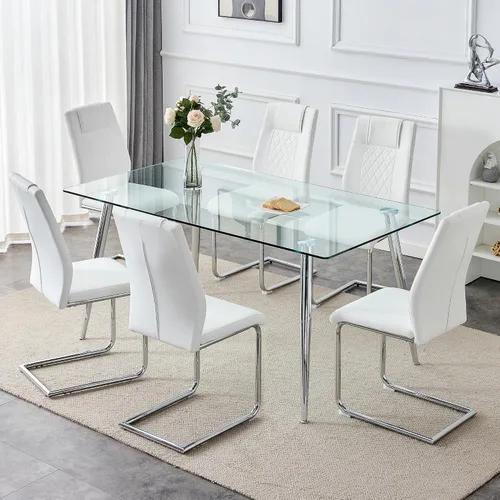 Miniatura 20 de Juego de mesa de comedor en blanco y negro de 51 pulgadas para 4, mesa de cristal minimalista moderna y 4 sillas tapizadas de piel sintética