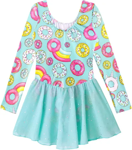 Miniatura 49 de EQSJIU Leotardo de baile de manga larga para niñas, vestido de ballet brillante con copo de nieve, tutú con falda tutú para niñas