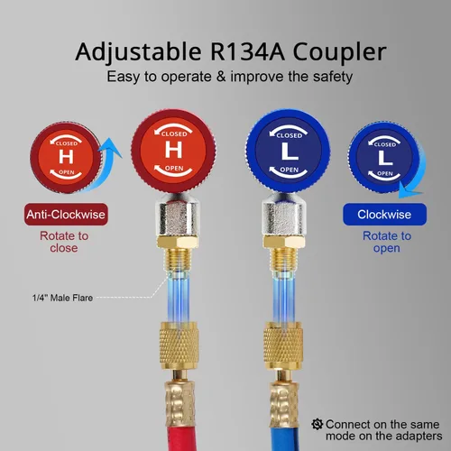 Miniatura 3 de YSTOOL Automotriz AC R134a Kit de acoplador rápido ajustable HVAC Conversión de conector alto y bajo con adaptador SAE macho de 1/4 de pulgada