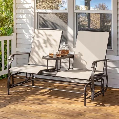 Miniatura 2 de Yaheetech Planeador de 2 asientos para exteriores con mesa central, sofá biplaza mecedora para patio con marco de metal resistente de malla Beige