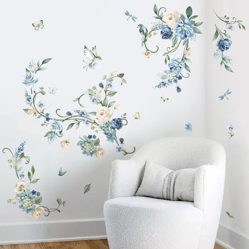 Miniatura 3 de wondever Calcomanías de pared con diseño de flores y vides, acuarela de rosas azules, calcomanías de arte de pared para dormitorio, sala de estar