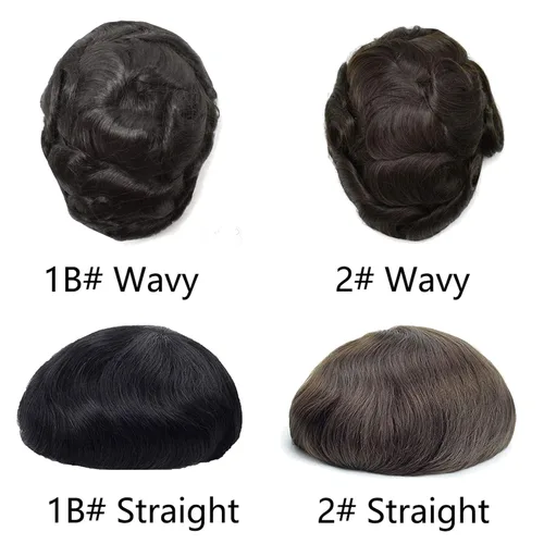 Miniatura 2 de Tupé de cabello humano para hombres con base de encaje francés y cabello ondulado natural virgen negro para hombre, peluca de pelo tipo tupé