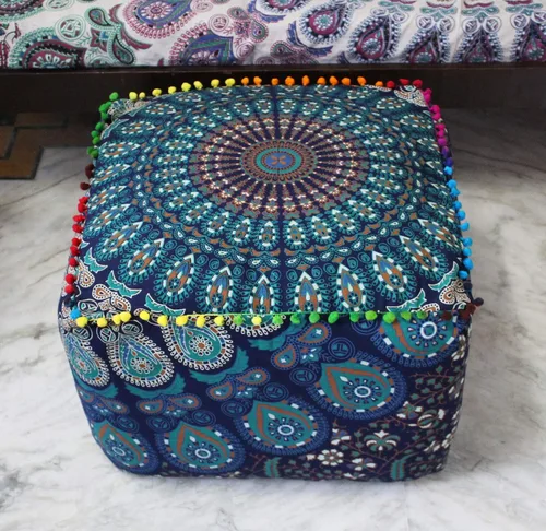 Miniatura 37 de CRAFT KALA Funda de puf tradicional de retazos cuadrados indios, funda para puf de sala de estar india, diseño otomano, decoración otomana, Elefante