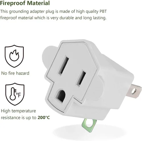 Miniatura 3 de JACKYLED - Clavija convertidora de 3 a 2 navajas, adaptador de toma a tierra. Convertidor de pared de material ignífugo resiste hasta 392 °F