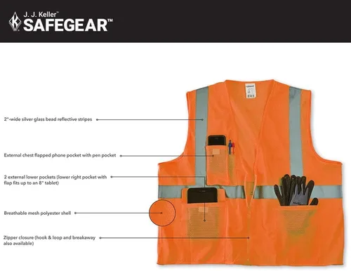 Miniatura 4 de J. J. Keller & Associates, Inc. Chaleco de seguridad de alta visibilidad, tipo R Clase 2, paquete de 5, SAFEGEAR Naranja