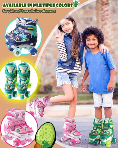 Miniatura 7 de Dino - Patines de ruedas para niños y niñas, WESKIFAN Dinosaur Quad Skating Shoes con ruedas brillantes y tamaños ajustables para principiantes