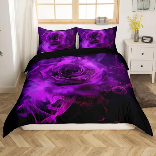 Miniatura 13 de Juego de funda de edredón de rosa roja, tamaño matrimonial, juego de ropa de cama floral color rojo degradado y negro para niñas, mujeres, niños