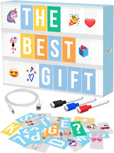 Caja de Luz de Cine Azul con 312 Letras, Emojis y 3 Marcadores - Letrero de Caja de Luz LED para el Hogar y Decoración de Dormitorio Azul para Niñas
