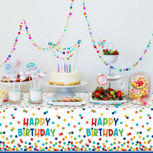 Miniatura 5 de Paquete de 3 manteles de plástico para decoración de cumpleaños, manteles desechables de lunares coloridos, mantel rectangular impermeable