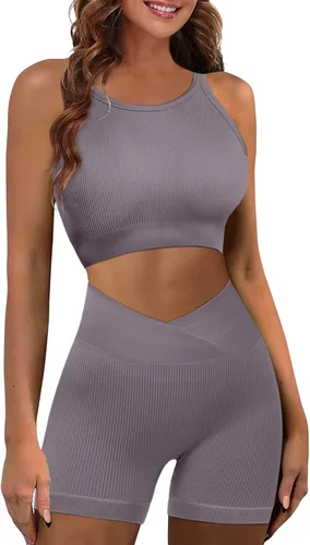 JZC Conjuntos de entrenamiento para mujer, 2 piezas, acanalados, sin costuras, pantalones cortos de cintura alta, trajes de yoga