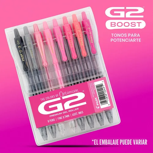 Miniatura 2 de Bolígrafos de gel Pilot G2 Premium, bolígrafos de gel de punta fina, paquete rosa Boost, los colores del optimismo, paquete de 8 unidades, 0.7 mm