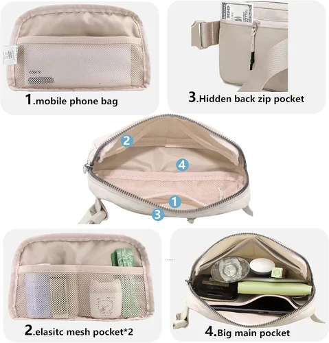Miniatura 5 de Riñonera con Correa de Cintura Bolso de Cadera para Correr, Senderismo, Viajes, Entrenamiento, Correa Ajustable para Mujeres, Beige, Elegante