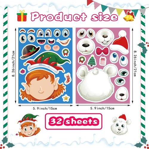 Miniatura 2 de Make-a-face - Adhesivo de Navidad para niños, 32 hojas para mezclar y combinar con Papá Noel, reno, pingüino, oso polar y elfo, manualidades