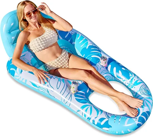 Miniatura 8 de Sloosh Flotadores inflables para piscina, tumbona para adultos, flotador de piscina flotante, silla reclinable flotante con portavasos y reposapiés
