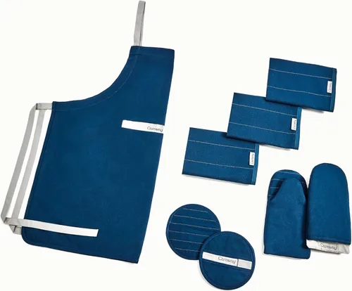 Caraway Juego de lino – Delantal, soportes para ollas, guantes de horno y paños de cocina – 100% algodón orgánico – Duradero, lavable a máquina Azul