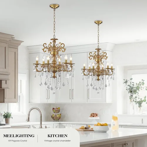 Miniatura 4 de Candelabros de cristal de bronce antiguo de lujo con lámpara colgante de vela, lámpara de techo de 6 luces de cristal dorado para comedor, sala