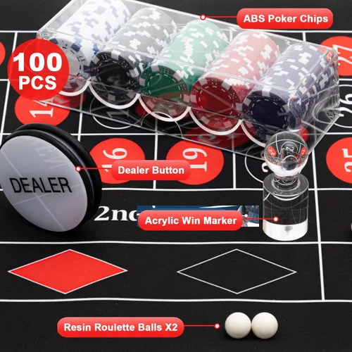 Miniatura 5 de Set de juego de ruleta Lunmon incluye rueda de ruleta negra de 16" (40 cm), tapete de goma para mesa de 35" x 16", 100 fichas, botón de croupier