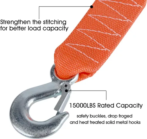 Miniatura 2 de Correa de remolque resistente con ganchos de 2 pulgadas x 20 pies, 15,000 libras, correa de remolque de 6,8 toneladas con ganchos de seguridad