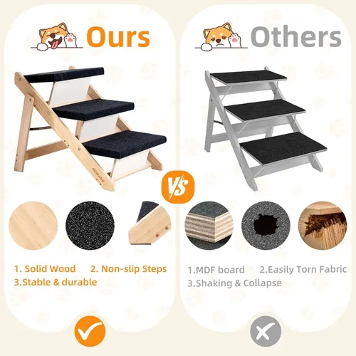 Miniatura 3 de MEWANG Escaleras y rampa de madera para perros y gatos pequeños/medianos, mascotas mayores – 3 en 1, plegable, portátil, escalera antideslizante 3