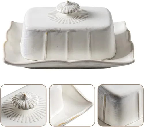 Miniatura 2 de Hemoton Mantequillera de cerámica con tapa de 7.59 x 5.59 x 3.54 pulgadas, caja de mantequilla cubierta para cocina, alimentos, servir queso