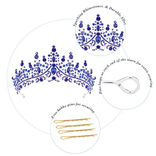 Miniatura 5 de CURASA Coronas de reina de cristal azul real, hermosas tiaras para princesas y niñas, coronas de cumpleaños para mujeres, exquisitos accesorios