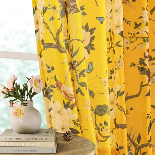 Miniatura 13 de Cortinas de lino florales azules y amarillas, estilo vintage, bohemio, de 63 pulgadas, 2 paneles con pestaña trasera para sala de estar