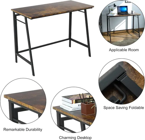 Miniatura 4 de ASTARTH Escritorio plegable de 40 pulgadas, mesa plegable que ahorra espacio, mesa de PC de estilo simple moderno, marco de metal negro, escritorio