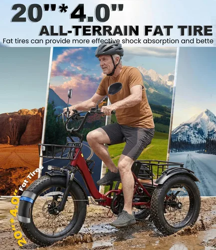 Miniatura 6 de KAKIGO Electric Tricycle for Adults,Peak 1350W Motor Etrike,48V15.6Ah Ebike,20"x4"Fat Tire Aluminum Folding Electric Trike,3-Wheel Electric
