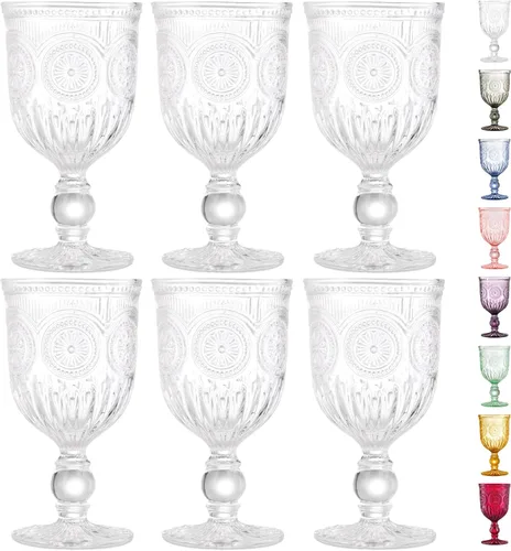 Copas de vino vintage, juego de 6 copas de vidrio para agua, vino o cócteles. Copas de vino elegantes con un ambiente retro. Diseño de girasol en