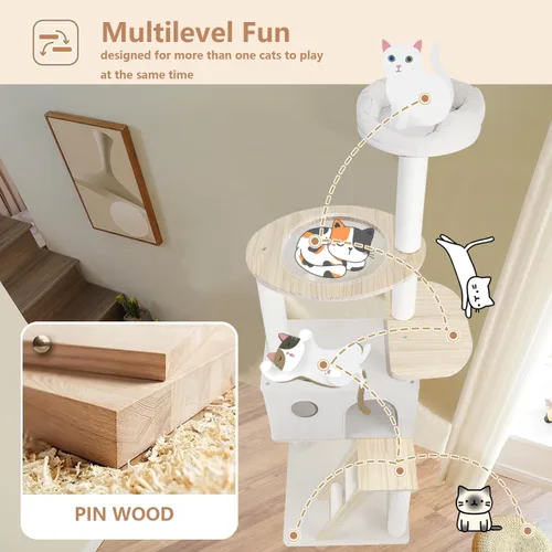 Miniatura 7 de Árbol para gatos de madera maciza de 65 pulgadas, moderno, torre para gatos de varios niveles para gatos de interior, torre resistente para gatos