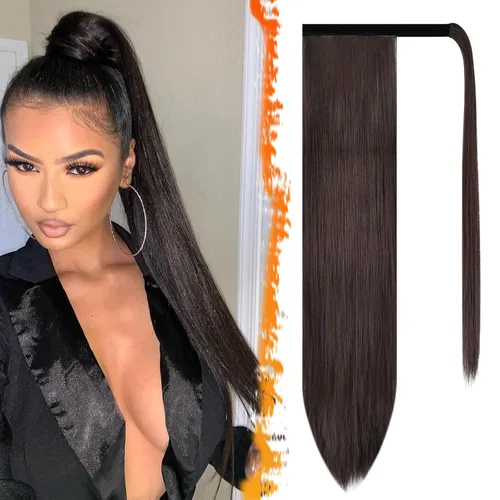 Miniatura 77 de BARSDAR Extensión de cola de caballo de 28 pulgadas largo recto envoltura alrededor del clip en pelo de fibra sintética para mujeres, negro