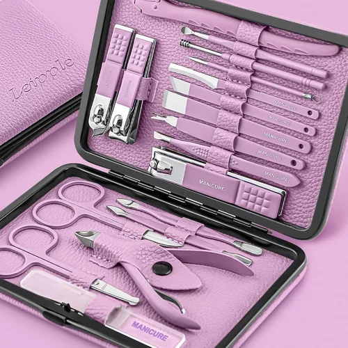 Juego de manicura profesional de pedicura, kit de cortaúñas – 18 herramientas para el cuidado de uñas – Kit de aseo con lujosa funda de viaje Púrpura