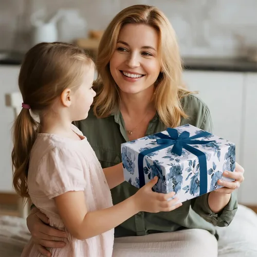 Miniatura 6 de RUSPEPA Papel de regalo reversible floral para niñas y mujeres, mini rollo, acuarela azul floral y azul sólido papel de regalo para cumpleaños, Rosa