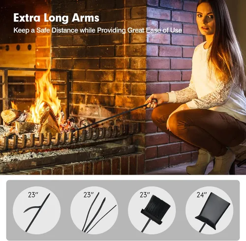 Miniatura 7 de Tangkula Estante para leña de 30 pulgadas con juego de 4 herramientas, juego de almacenamiento para troncos de fuego con cepillo, pala, póker