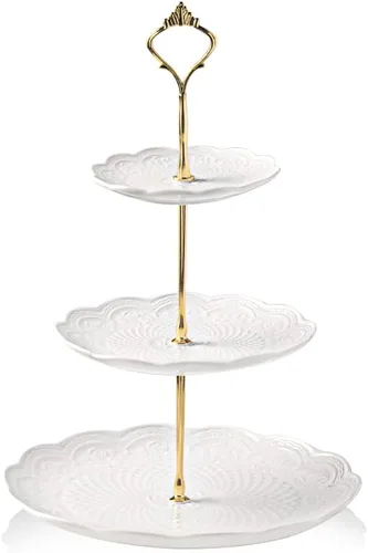 Miniatura 13 de Sweejar Soporte de cerámica para tartas de 3 niveles, soporte para postres, soporte para cupcakes, bandeja para servir pasteles de fiesta de té