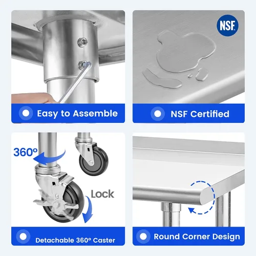 Miniatura 6 de Mesa de acero inoxidable para preparación y trabajo, con ruedas giratorias, mesa resistente, comercial NSF, con estante inferior y protector