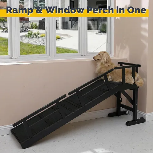 Miniatura 8 de Rampa para perros para cama o sofá, rampa de madera para mascotas con pendiente suave de 20°, rieles laterales extraíbles, superficie